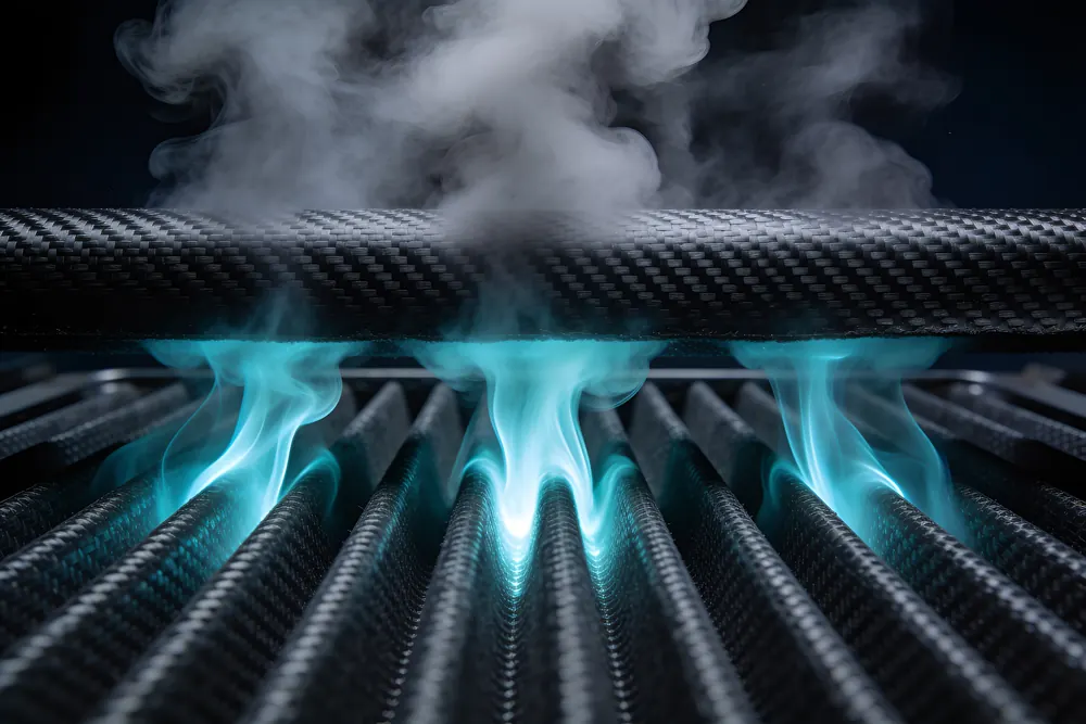 Concept image of gas passing between carbon fibers and being captured on the fiber surface